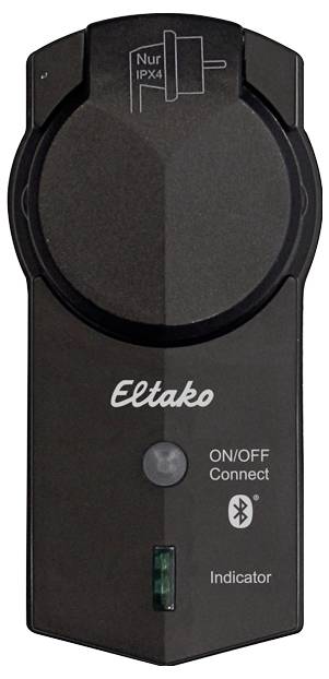 Black Bluetooth adapter by Eltako with on/off button and green indicator light. Marked 'IPX4 only', suitable for damp environments.