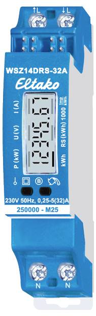 Electronic electricity meter, blue, for DIN rail. Displays power in kWh. Voltage: 230V, Current: 32A, Brand: Eltako.