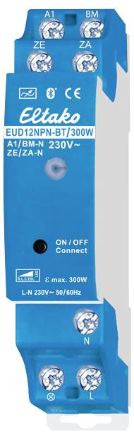 Electronic component in blue, with multiple connections and inscription: 'Eltako EUD12NPN-BT/300W'. Voltage 230V, max. 300W.