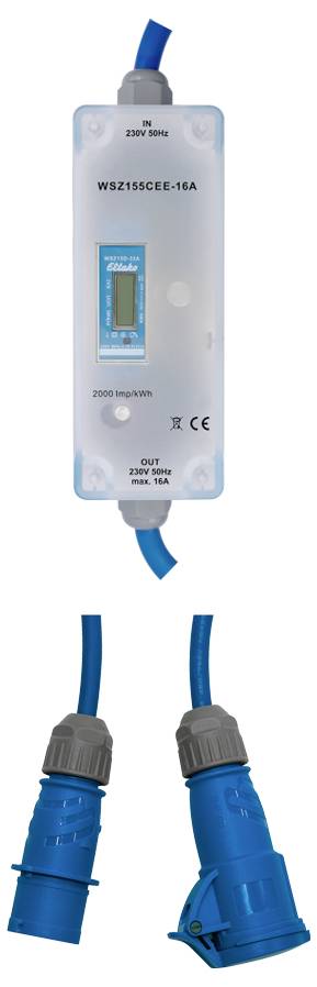 Transparent electricity meter box with blue socket and plug; shows energy usage. Input side 230V, output side 230V, max. 16A.