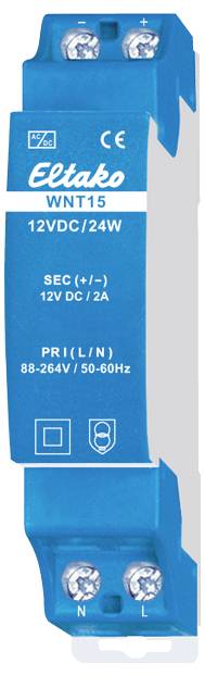 A blue power supply unit from Eltako, model WNT15, with an input range of 88-264V and an output of 12V DC at 2A.