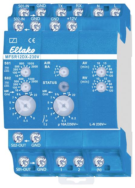 A blue multi-function relay switch with the model name 'Eltako MFSR12DX-230V', showing various connections and settings.