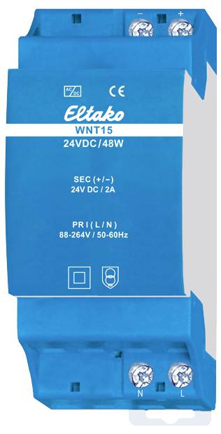 Blue switched mode power supply by Eltako, Model WNT15, 24VDC/48W. Primary voltage: 88-264V. Secondary voltage: 24V DC, 2A.