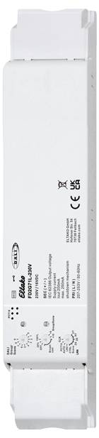 Electronic ballast (EB) for controlling luminaires, white rectangular shape, with technical details and CE marking.