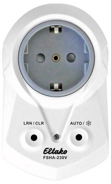 The image shows a white Eltako FSHA-230V socket switch with the inscriptions 'LRN/CLR' and 'AUTO'.