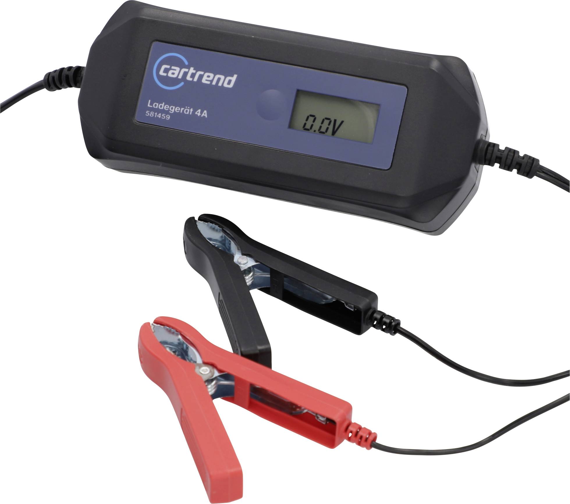 Battery charger with '0.0V' display, two terminals (red and black); designed for vehicle batteries.