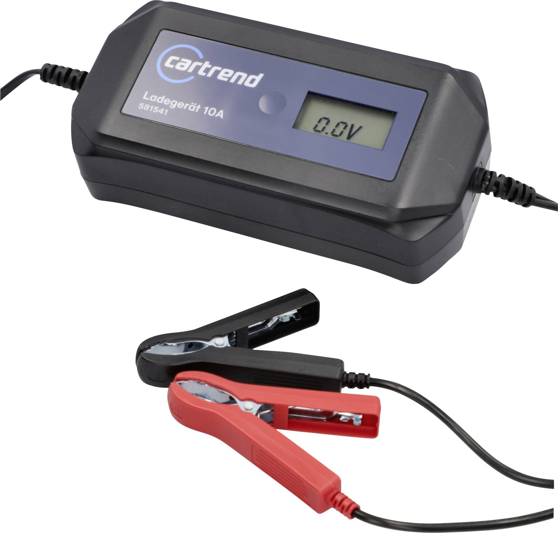 A battery charger with a digital display shows '0.0V'. Underneath, red and black clamps are connected to the device.