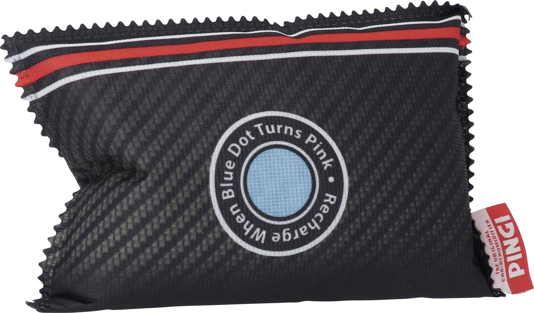 A rectangular, multi-coloured small bag with the inscription 'When Blue Dot Turns Pink Recharge'. Brand name 'PINGI' on a label.