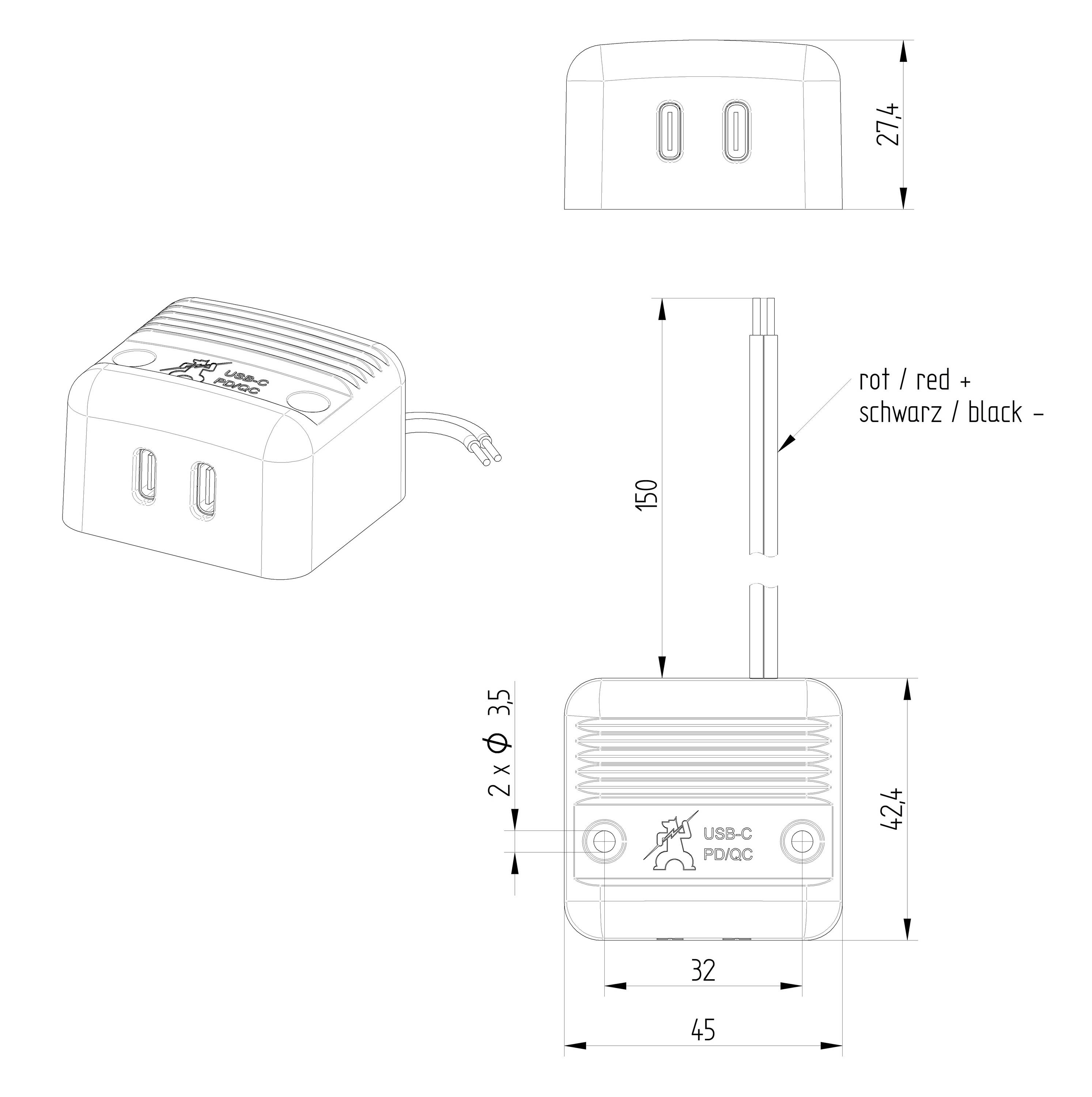 ProCar Surface-mounted Power USB-C double socket PD/QC max 2x 30 W 12 V, 24 V