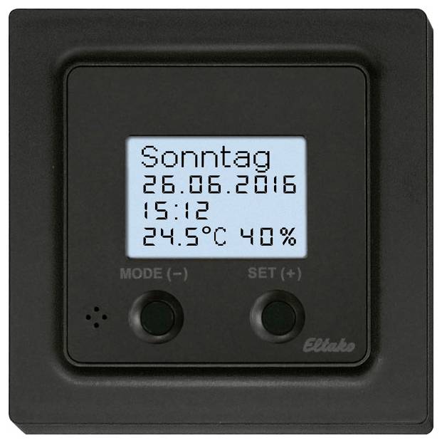 Digital thermostat with control elements displays 'Sunday, 26.06.2016, 15:12, 24.5°C, 40%'.