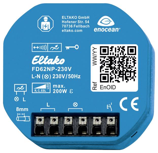 Eltako FD62NP-230V Radio Actuator, blue, connection terminals at the bottom, QR code top right. Text: 'ELTAKO GmbH, Hofener Str. 54, 70736 Fellbach'.