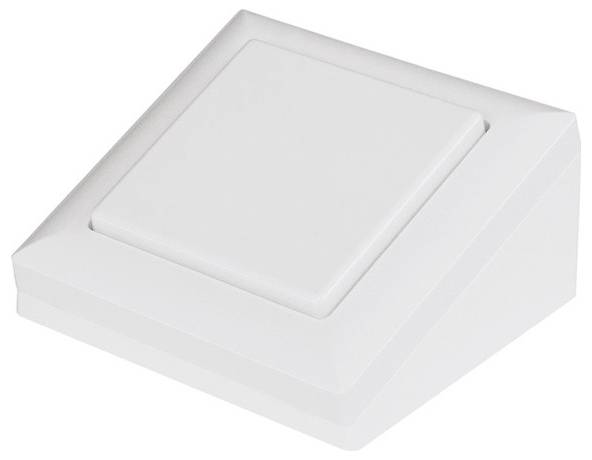 A white, modern light switch with a rectangular design is shown diagonally from a side perspective.