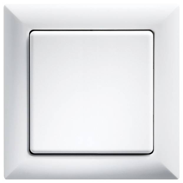A simple, white light switch on a wall, in the off position.