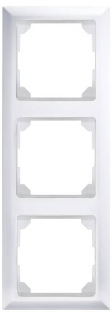 White triple switch frame for wall mounting with three rectangular cut-outs for accommodating switches or sockets.