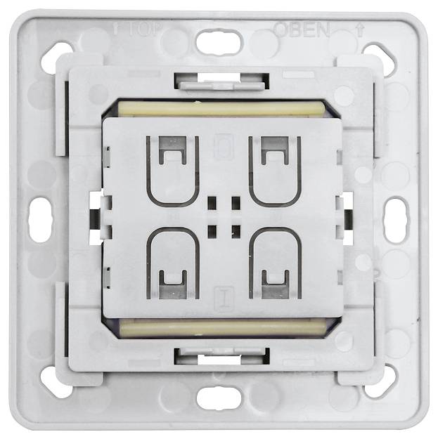 A white light switch without a cover, mounted on a rectangular metal plate, with screw holes at the corners for wall mounting.
