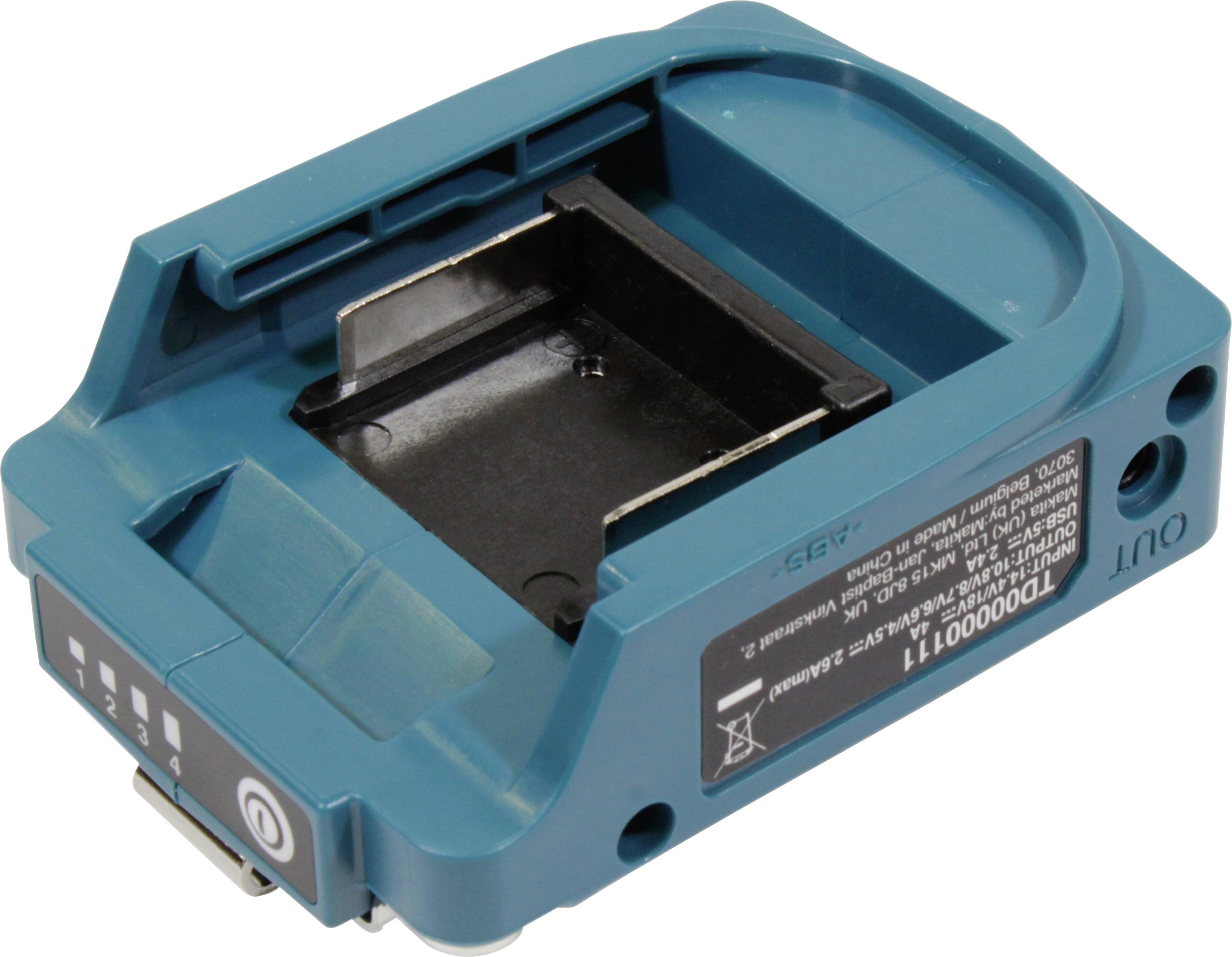 A blue battery charger with a battery insertion slot and a power on/off switch. A guidance sticker is located on the side.