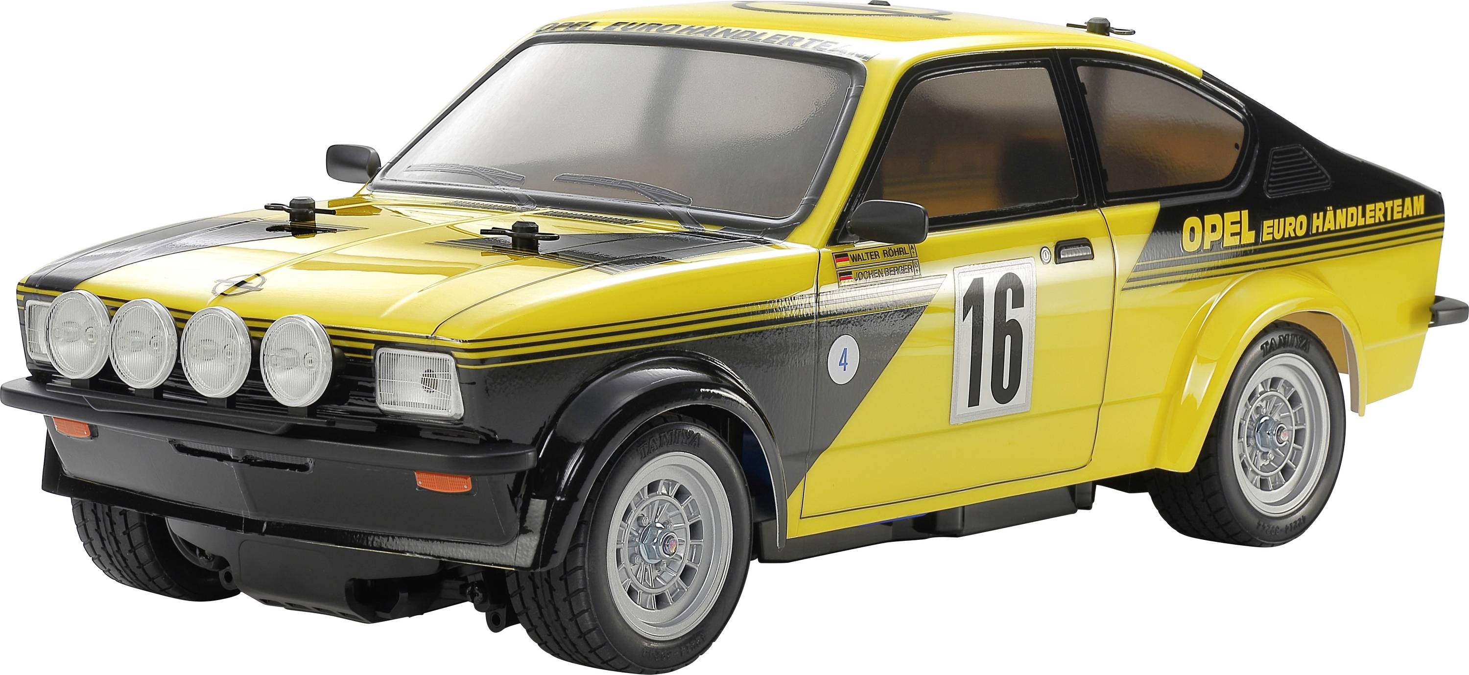 A toy model of a yellow rally car with black stripes and the number '16' on the door.