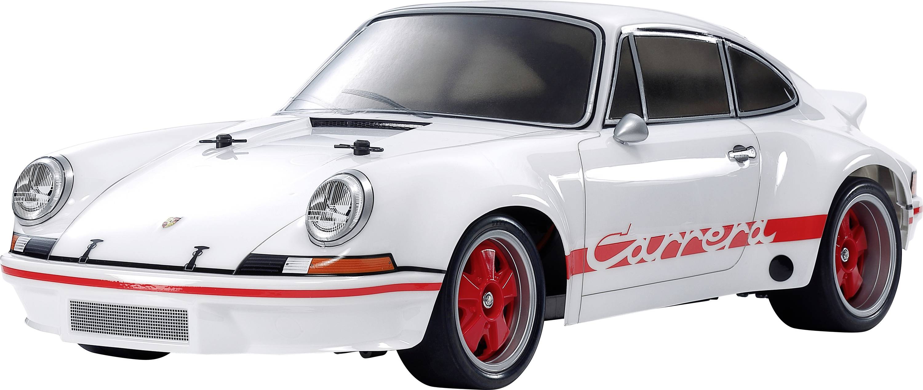 A white model car of the Porsche 911 Carrera with red wheels and a red 