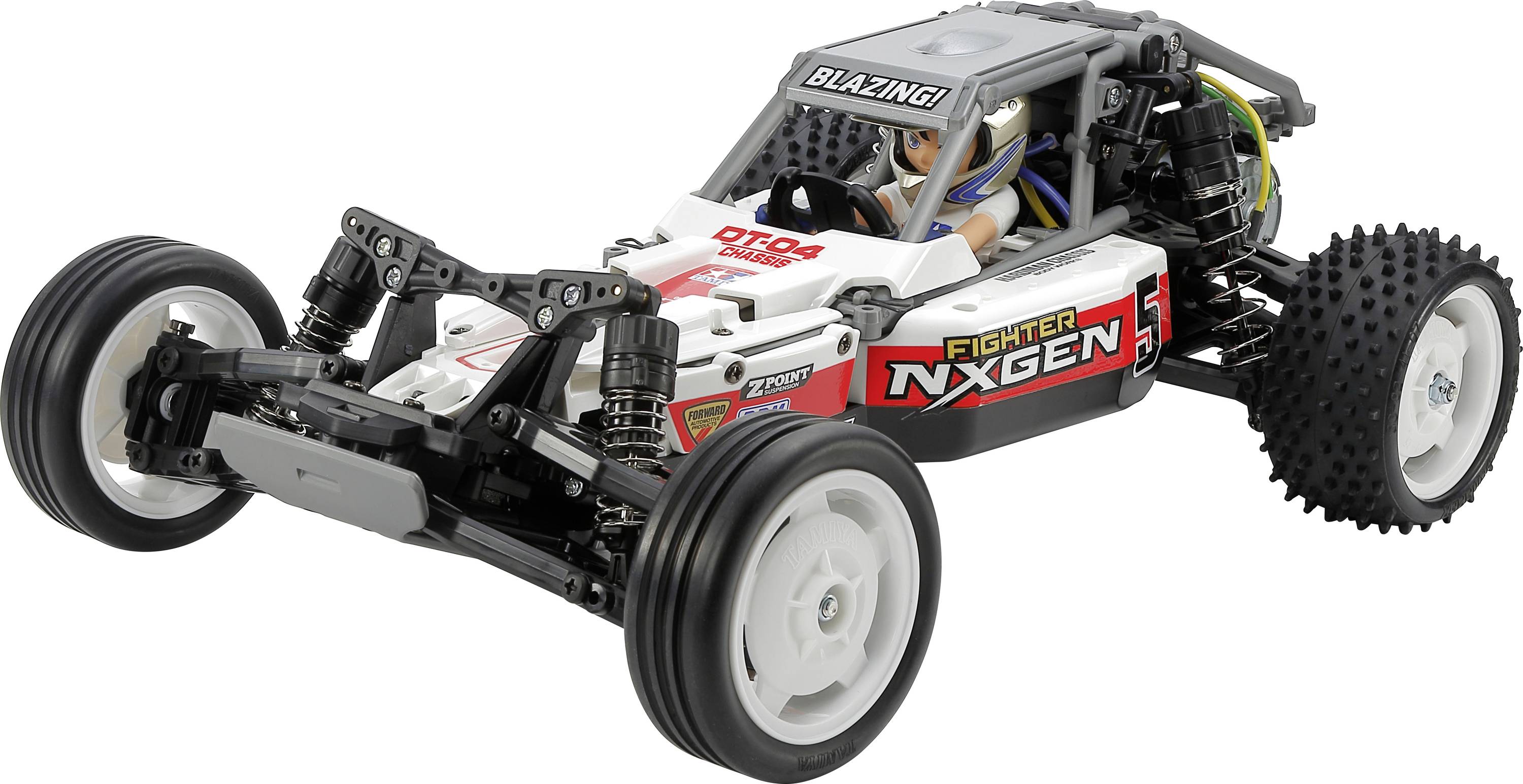 Remote-controlled toy car in black and white with stickers on the bonnet, chunky tyres, and an exposed chassis.