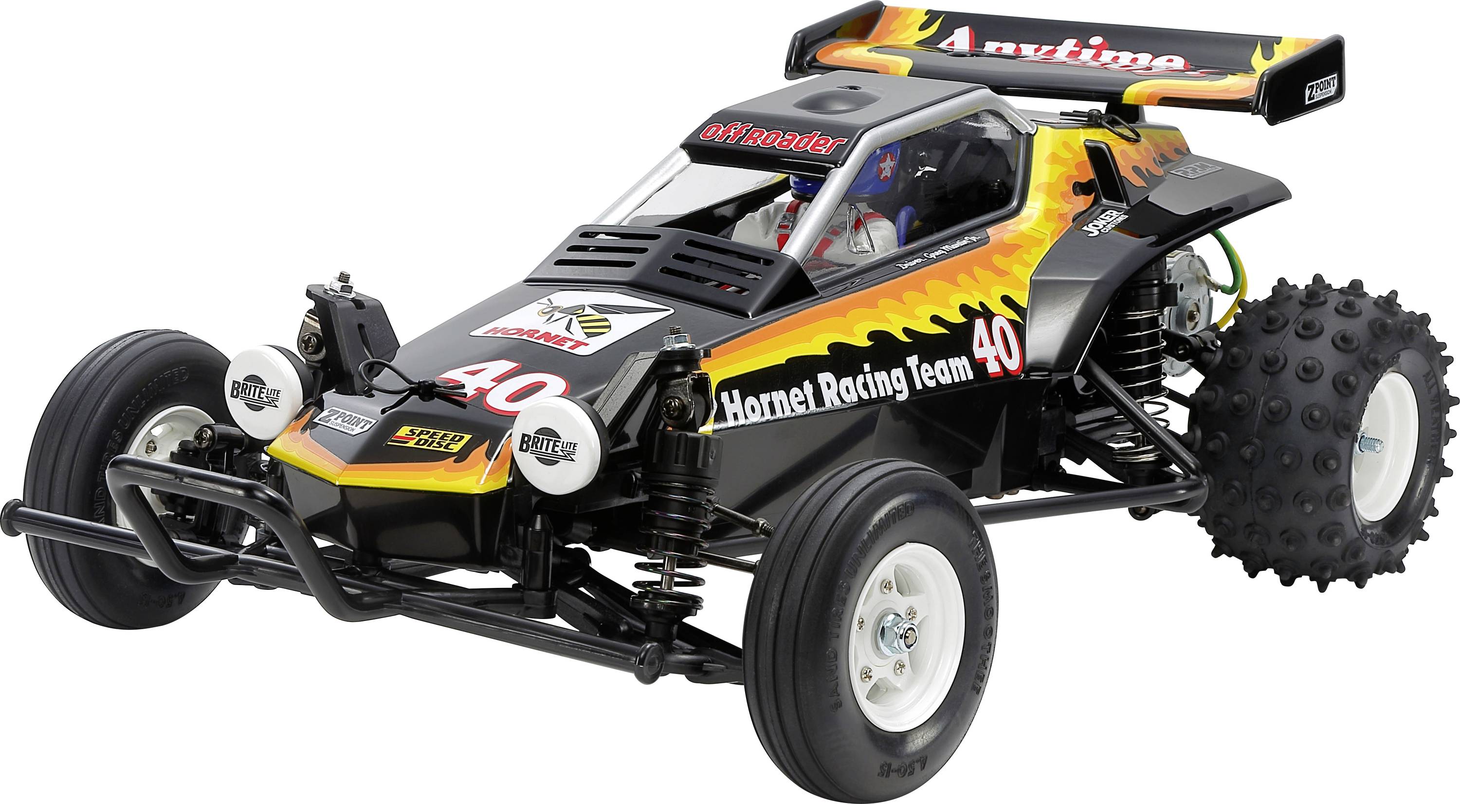 Remote-controlled car in racing design, black with flame pattern. Model name 'Hornet Racing Team', race number 40.