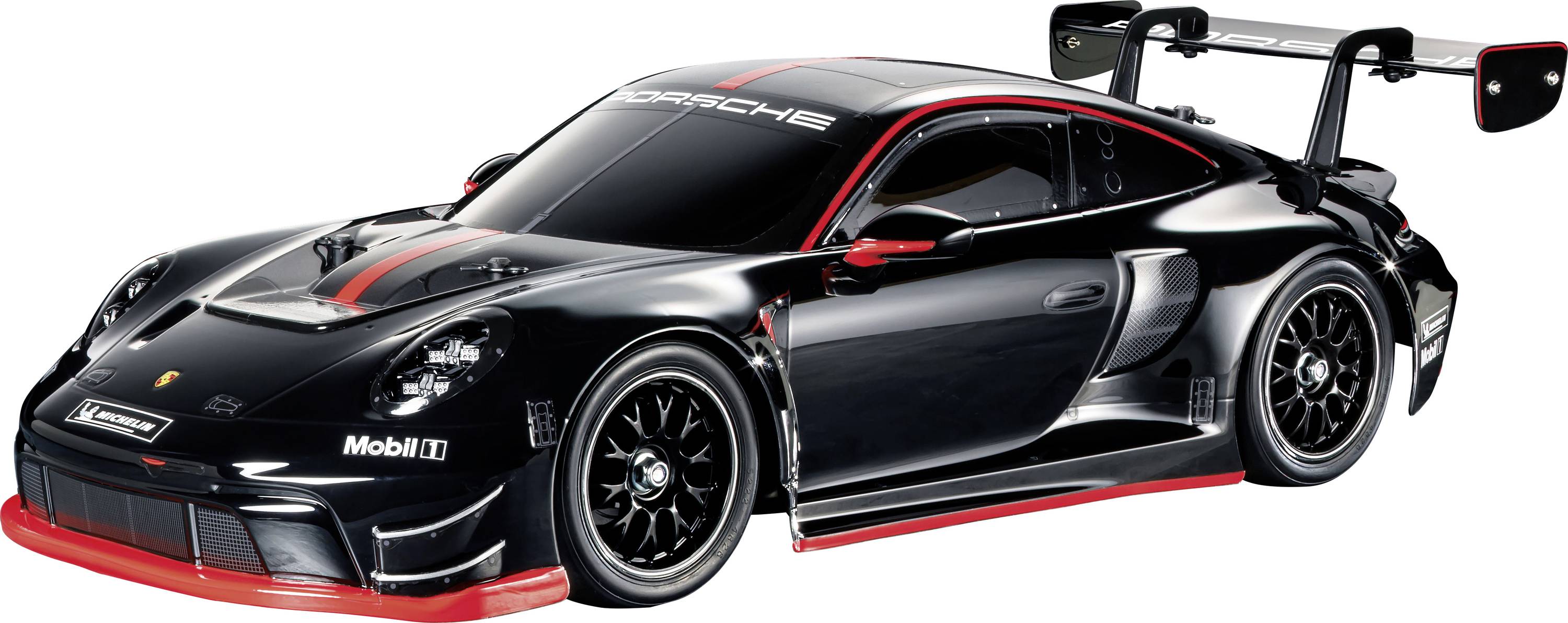 A black sports car with a red accent, wing spoiler, and racing stripes, pictured in a dynamic pose.