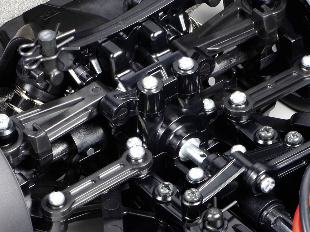 Close-up of a complex mechanical mechanism with screws, black metal components and joints. Technical detail of a vehicle construction.