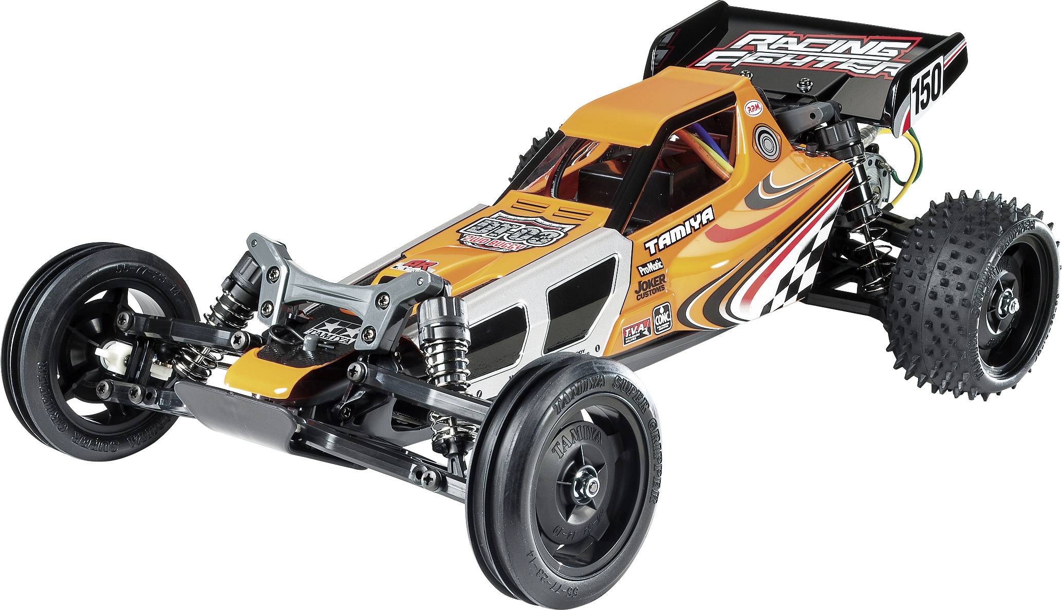 A remote-controlled off-road model car with an orange chassis and black wheels, well-suited for racing on uneven terrain.