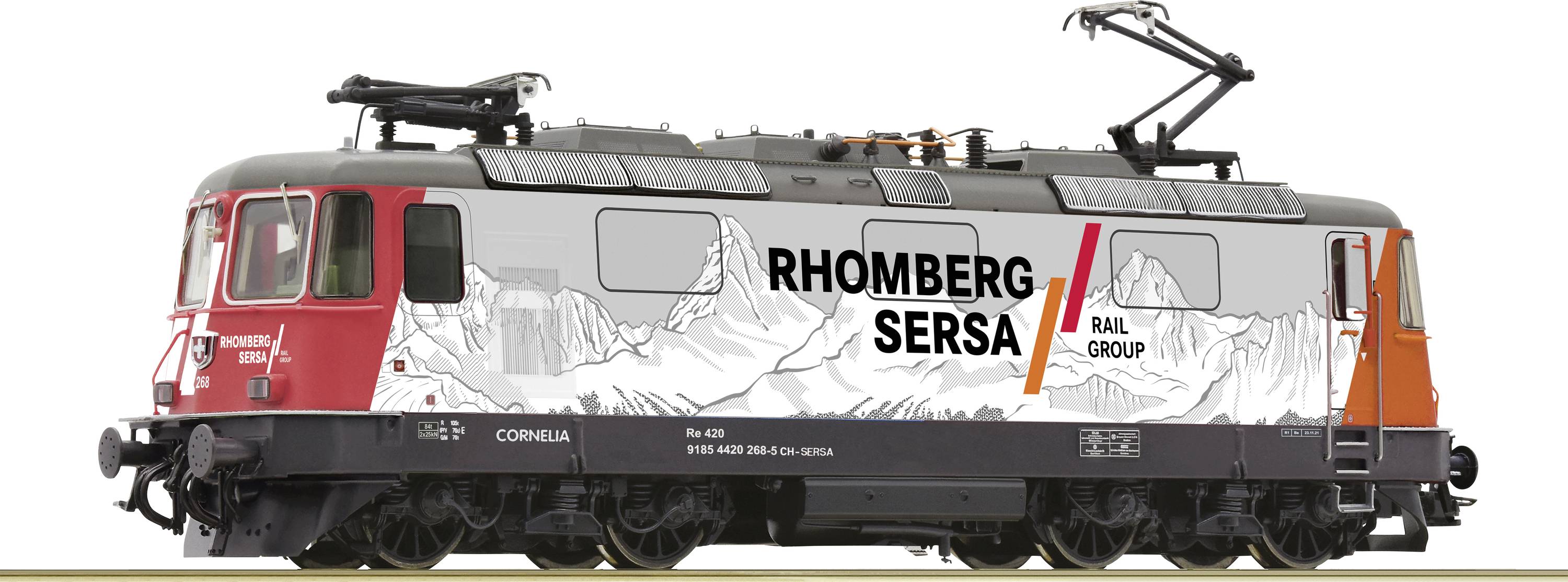 An electric locomotive in the design of Rhomberg Sersa Rail Group, set against a white background, depicting a mountainous landscape with the company logo.