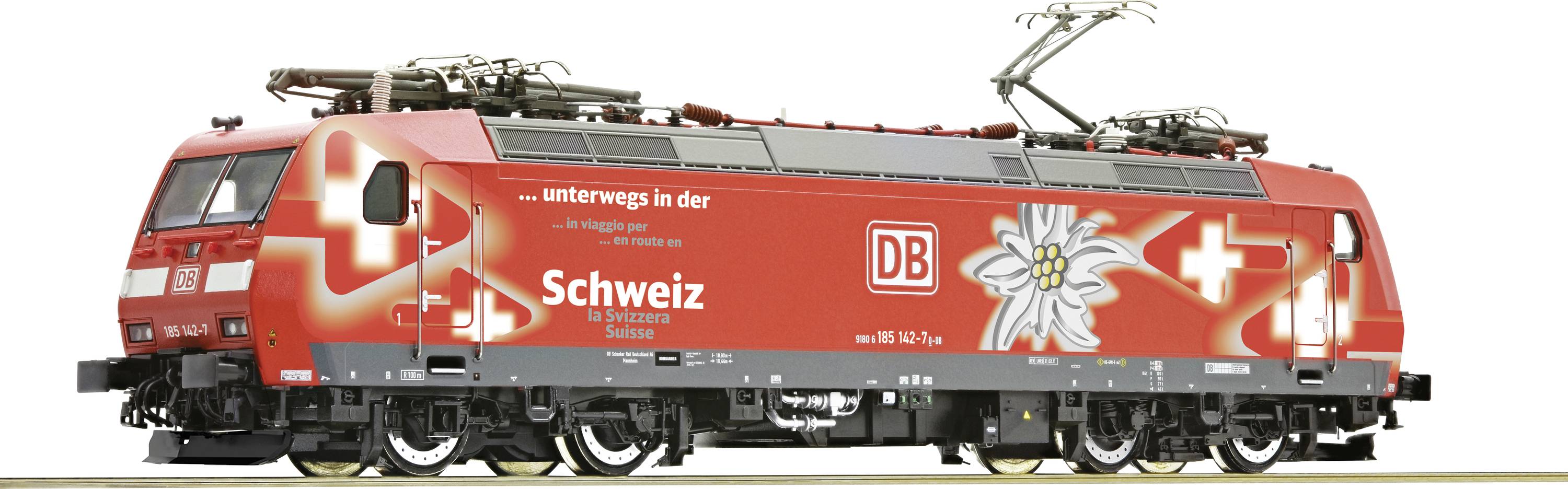 A red Deutsche Bahn locomotive with the inscription 'Switzerland' and an edelweiss design. It displays the Swiss flag and symbols.
