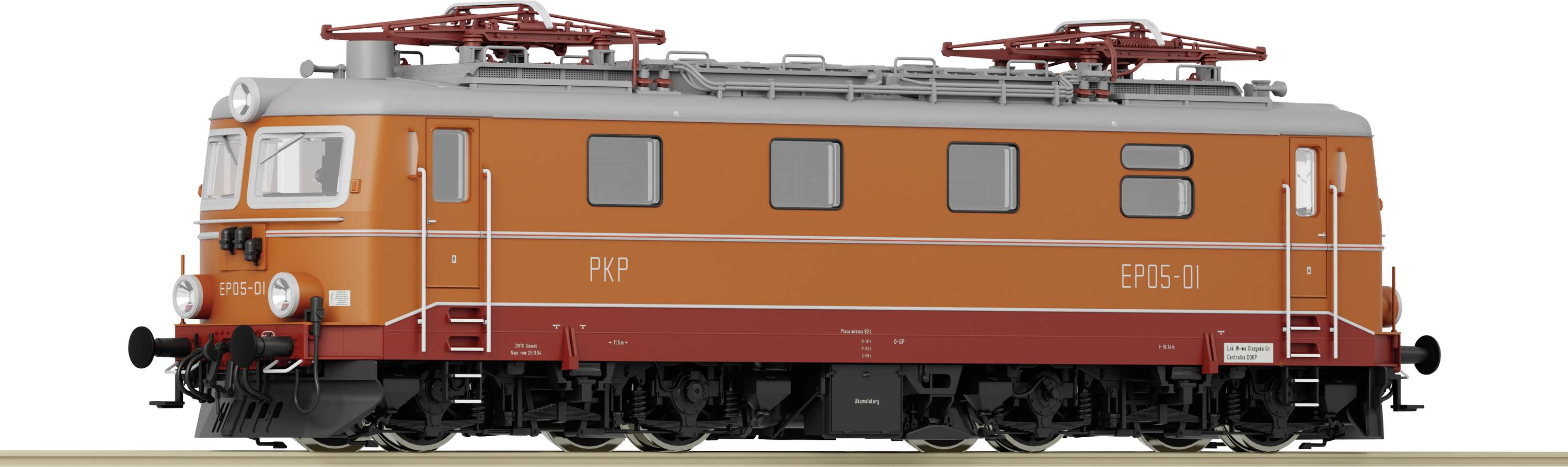 Side view of an orange electric locomotive with the inscription 'PXP EP05-01', red and white running gear and pantographs.
