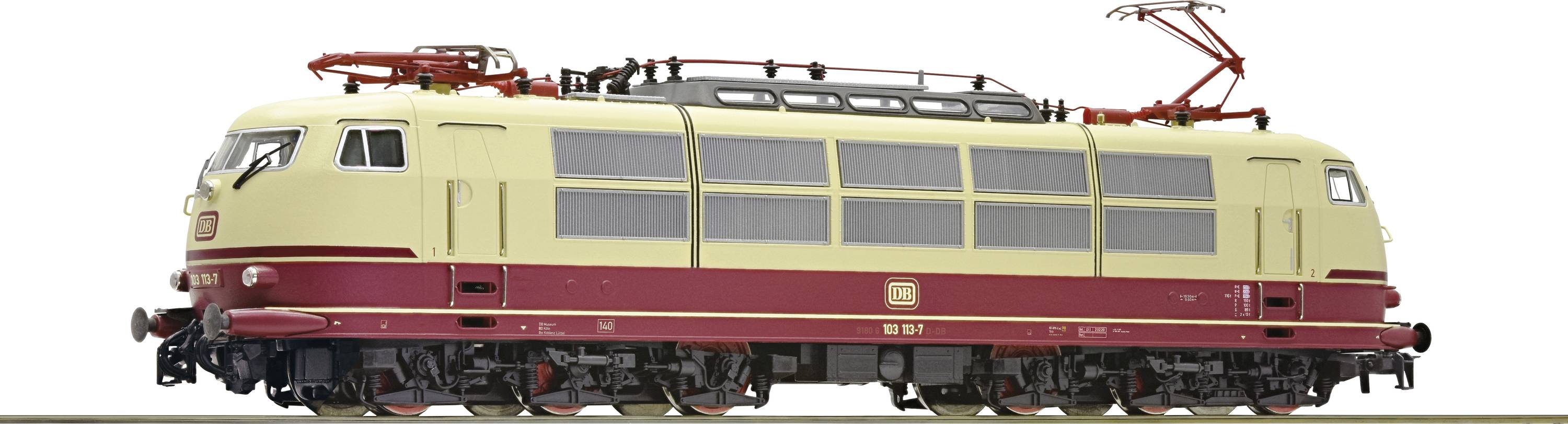 Beige and red electric locomotive of Deutsche Bahn, shown side-on on a railway track, with pantograph raised.