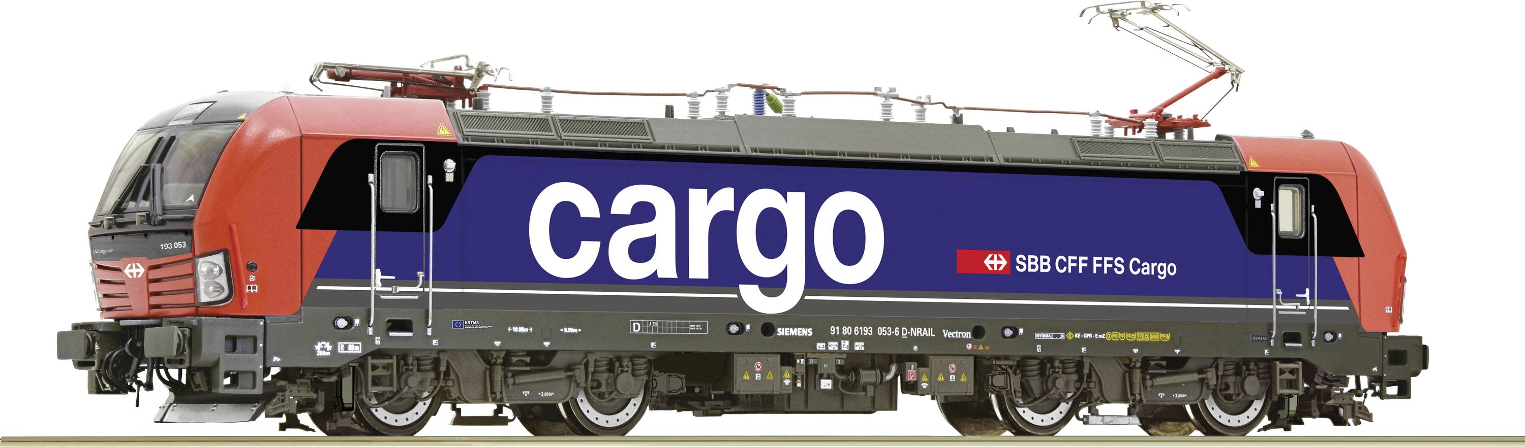 A SBB CFF FFS Cargo locomotive is seen from the side, painted red and blue, with the word 'cargo' on its side.