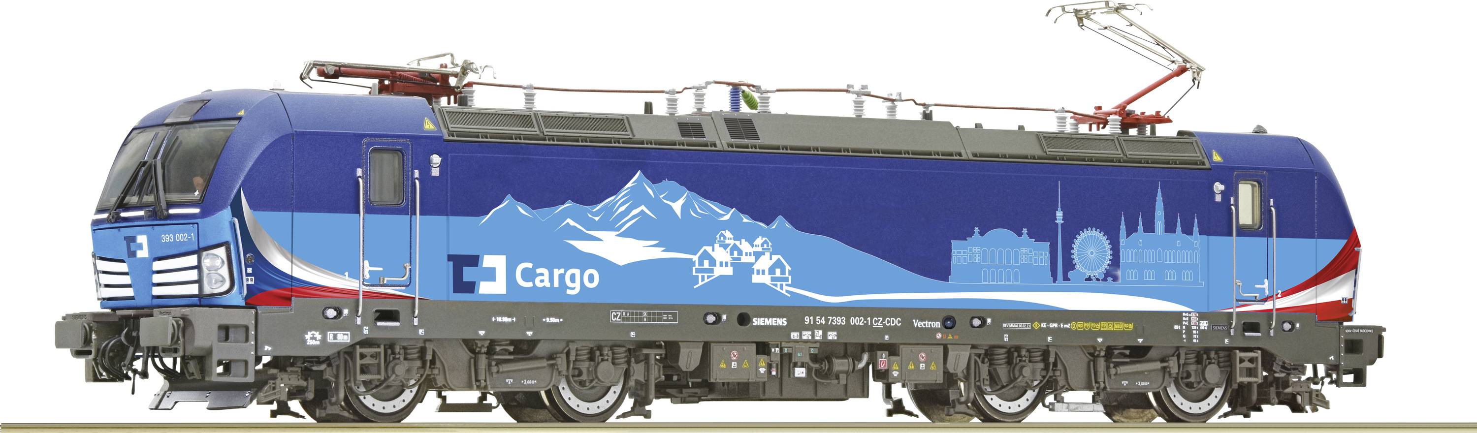 A blue and red freight locomotive with white mountain and city motifs, labelled 'Cargo'.