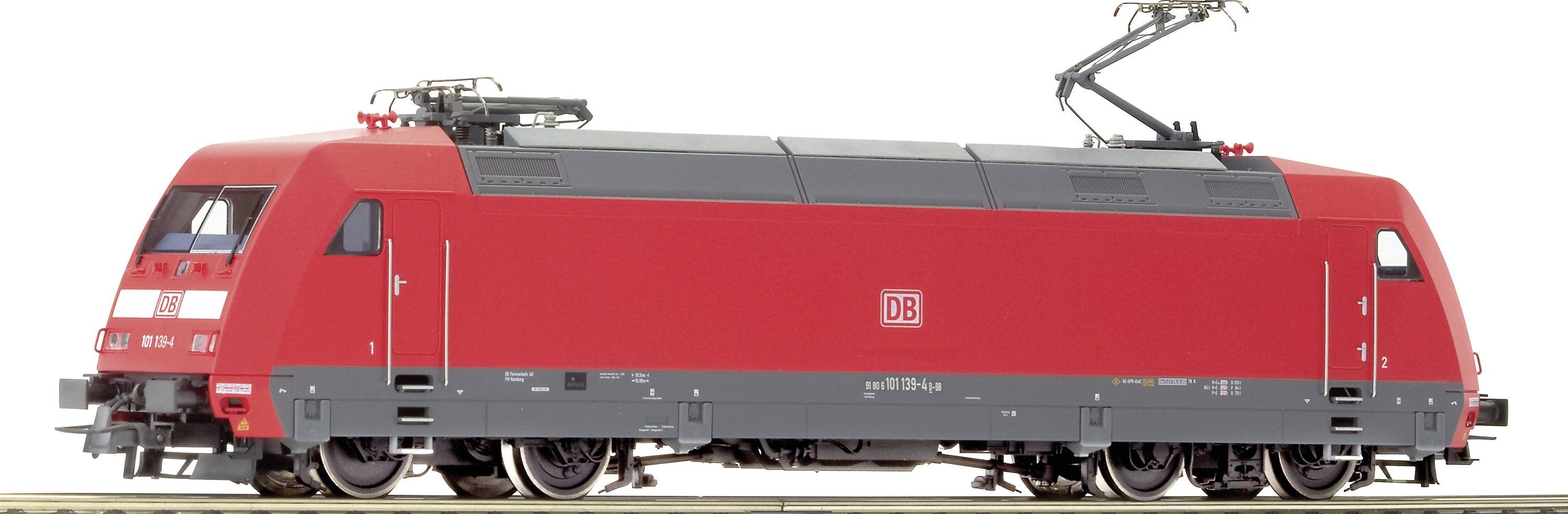 Red electric locomotive of Deutsche Bahn on railway tracks, side view. The locomotive has a modern, square-shaped design.