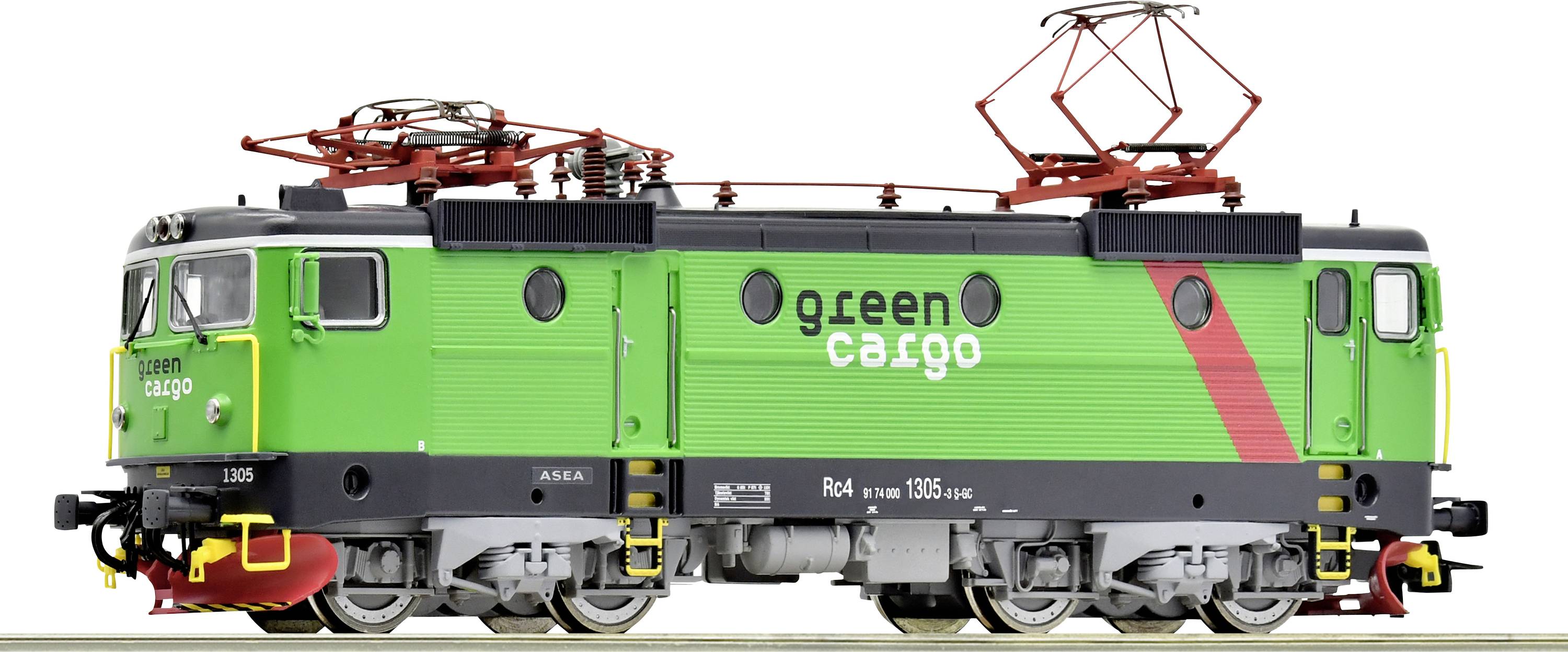A green electric locomotive with the 'green cargo' lettering. It has red roof cables and silver wheels.