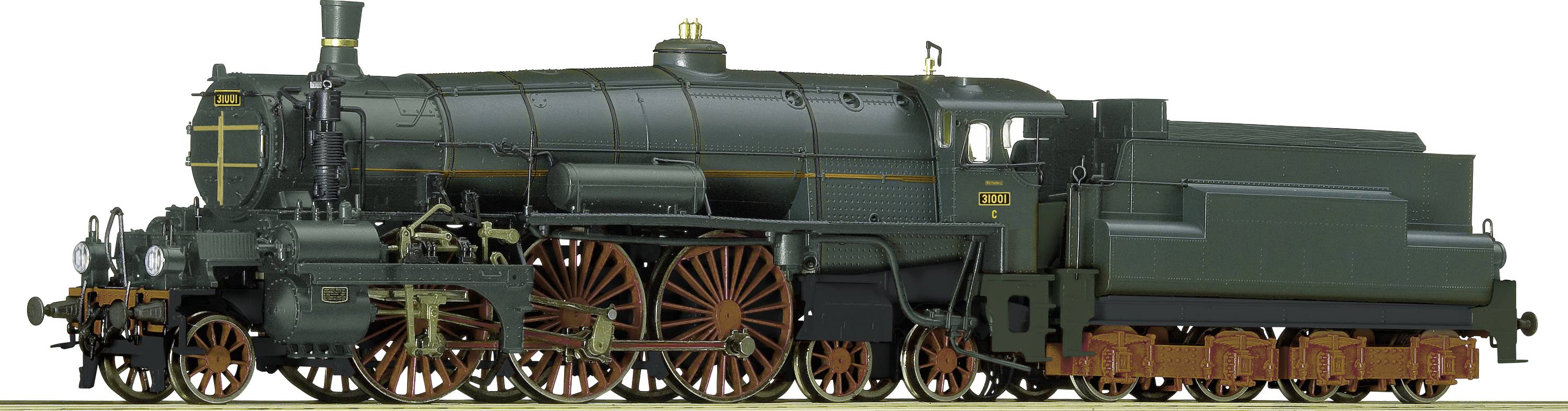 A green steam locomotive model of the 040 series. It stands on a rail, showing a precise recreation of historical details.