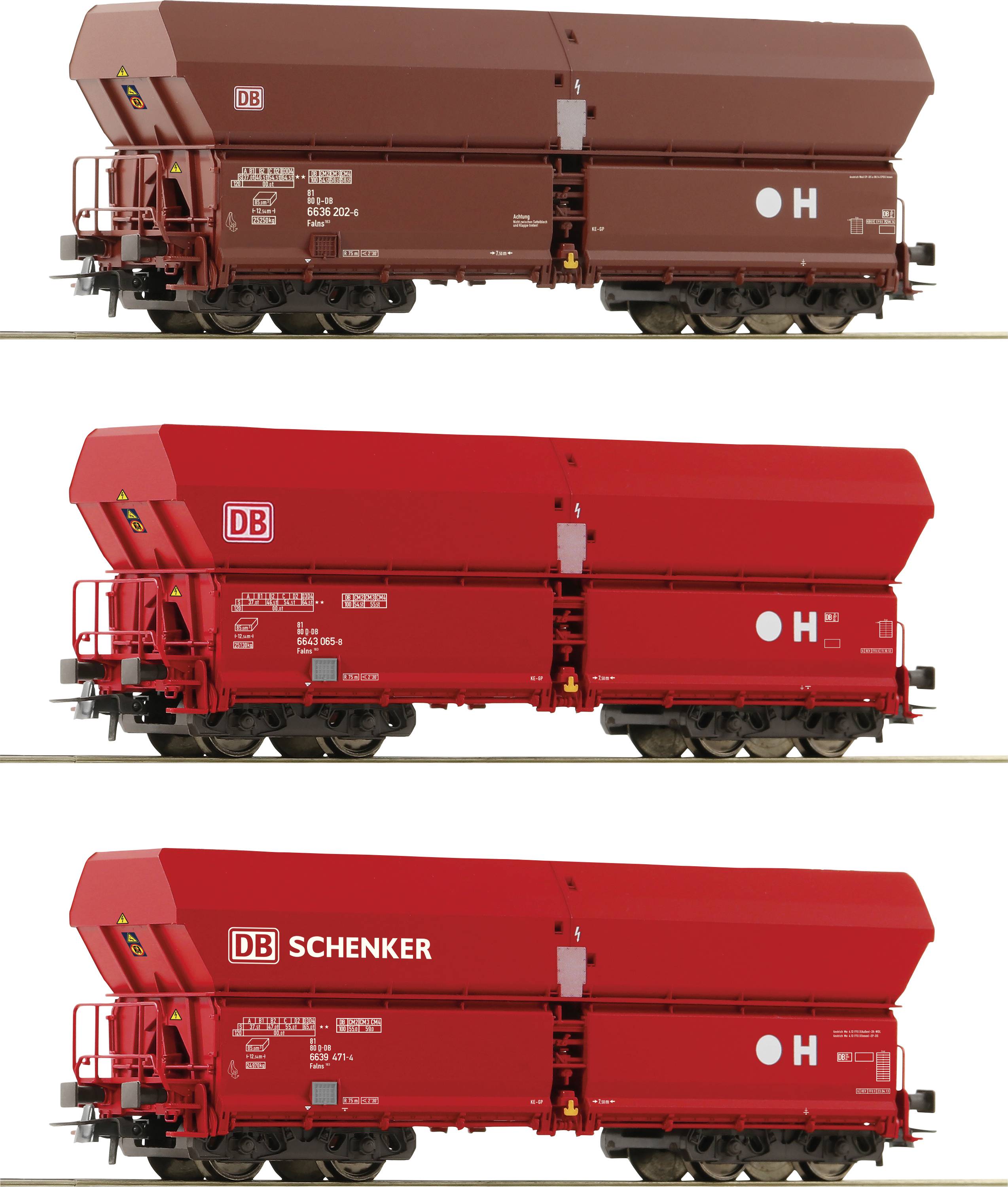 Three goods wagon models in various shades of red, with 'DB' and 'DB Schenker' logos. Differences in colour and labelling.