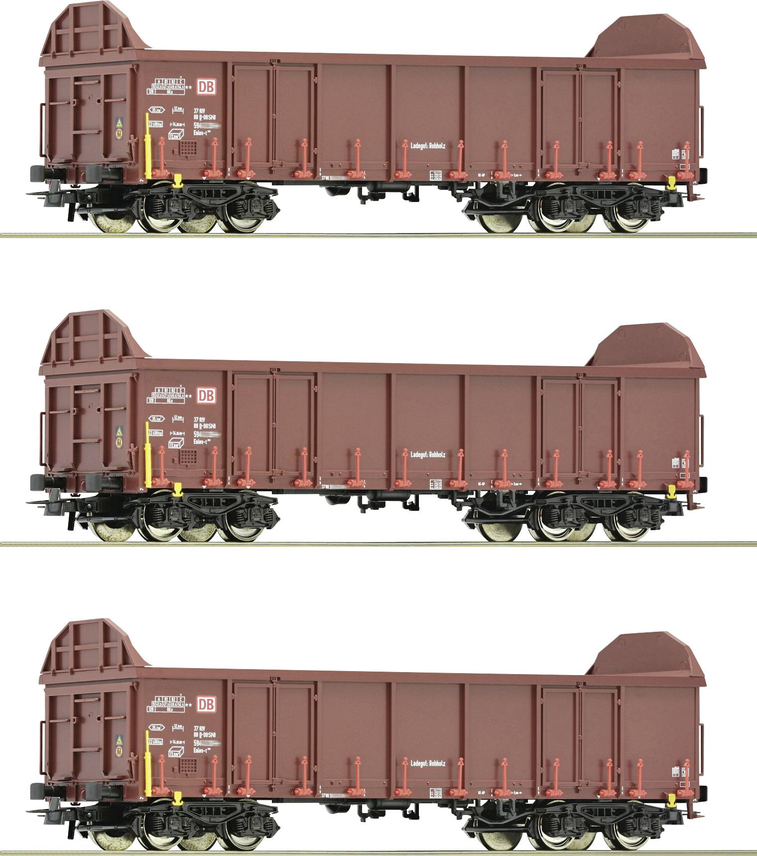 Three identical Deutsche Bahn model goods wagons in rust-brown colour, standing side by side on railway tracks.