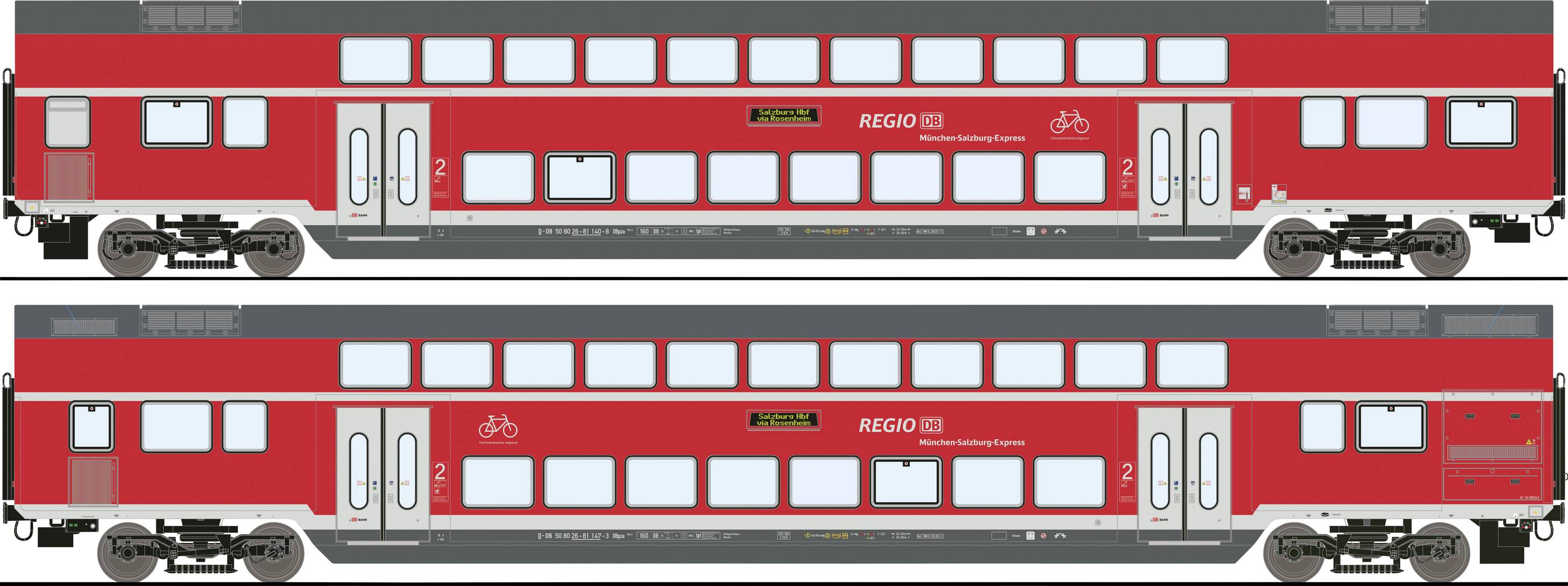 Double-decker regional train of Deutsche Bahn in red, side view. Upper and lower deck with large windows. Doors at both ends.