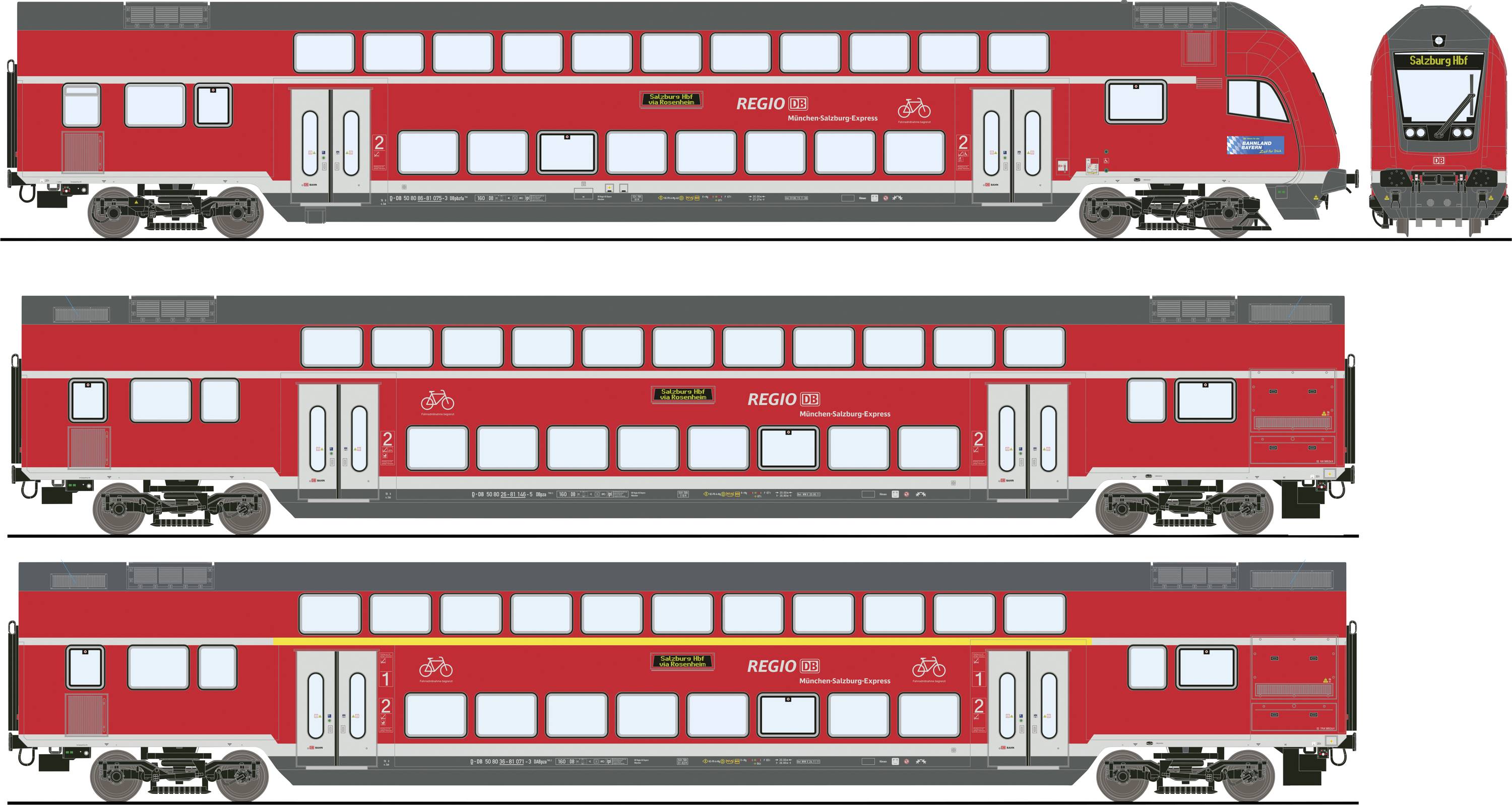 Red regional train of line RE60 with three carriages. The train has two levels, with doors and windows visible.