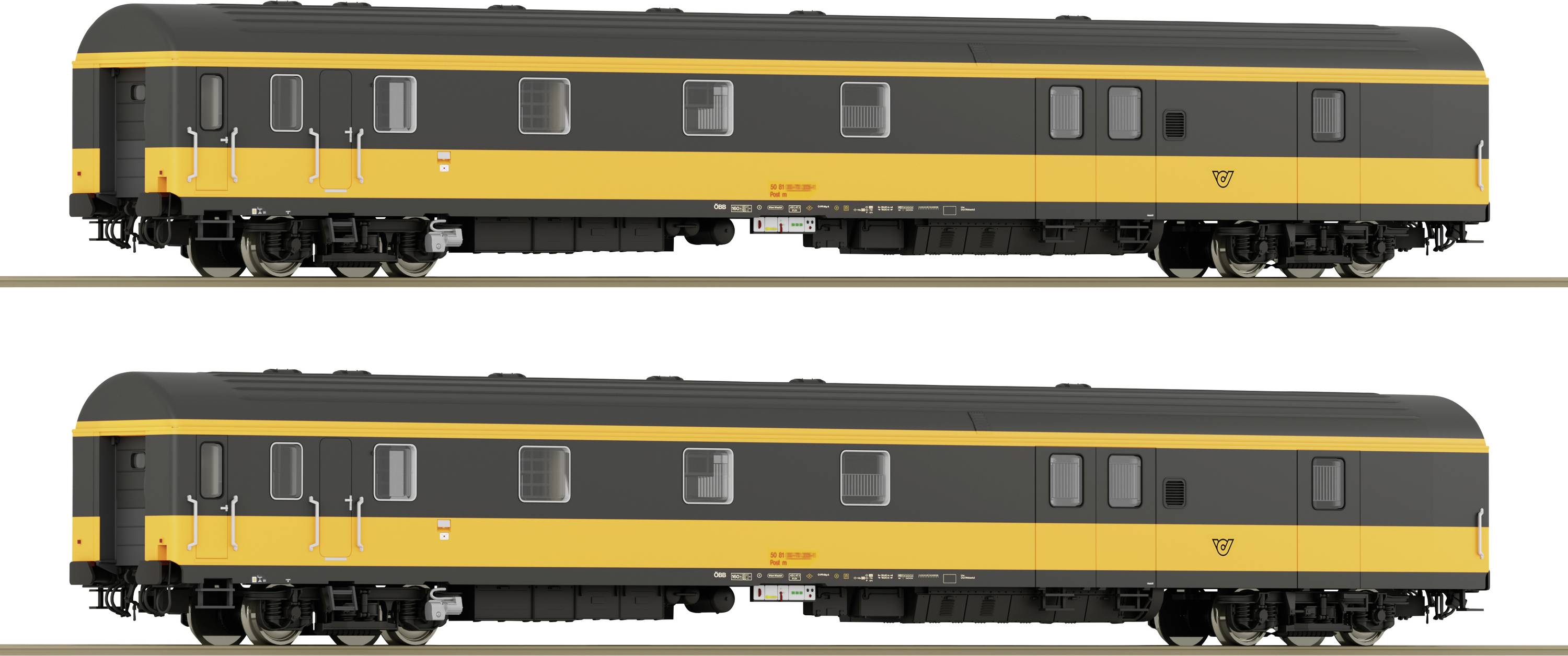 Two identical black and yellow railway carriages stand side by side on tracks, with windows and doors along their sides.