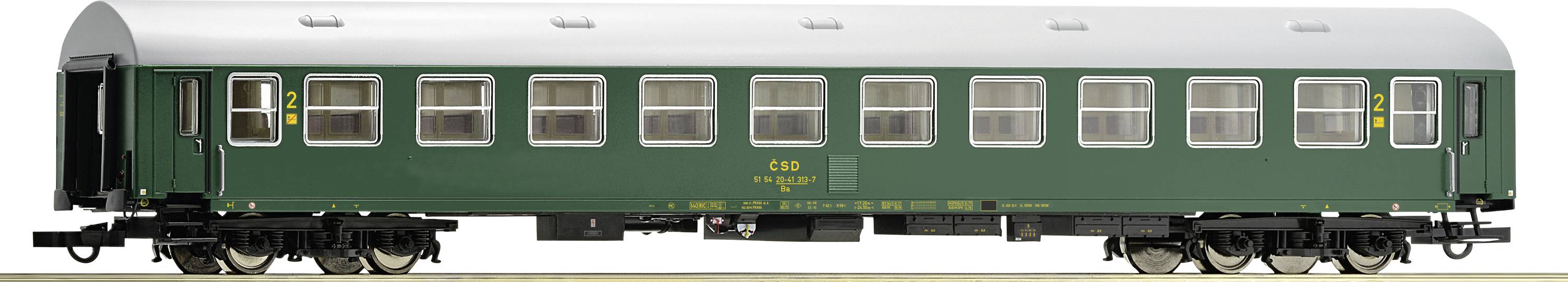 A green model train passenger carriage with a silver roof and detailed windows.