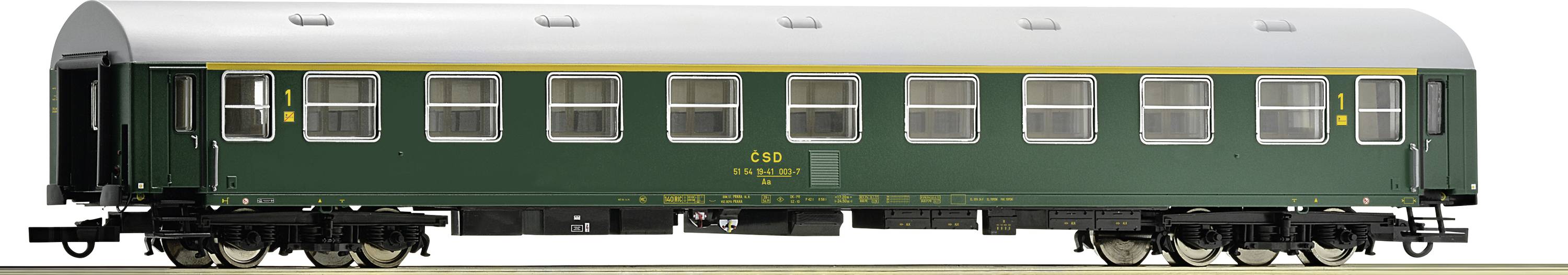 Green passenger carriage of the CD, European railway, side view, with yellow lettering on the carriage body.