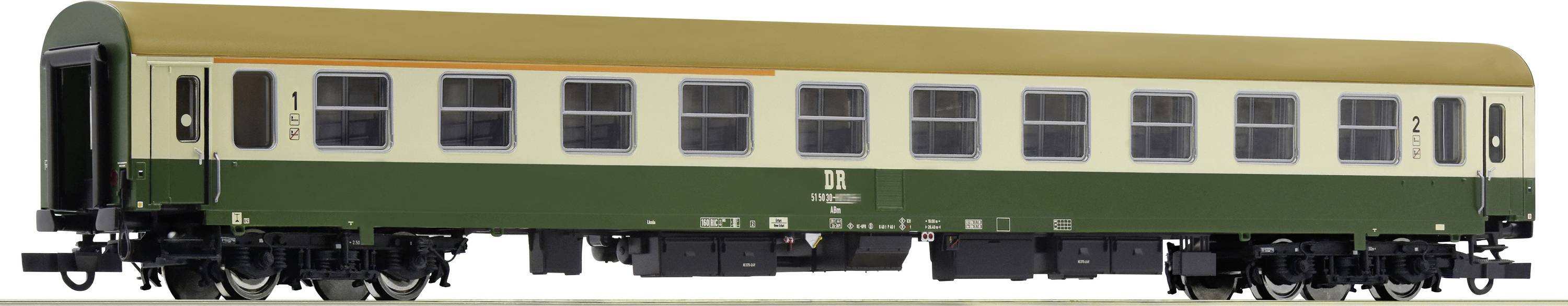 Green and cream-coloured railway carriage with a brown roof, belonging to Deutsche Bundesbahnen, side view.