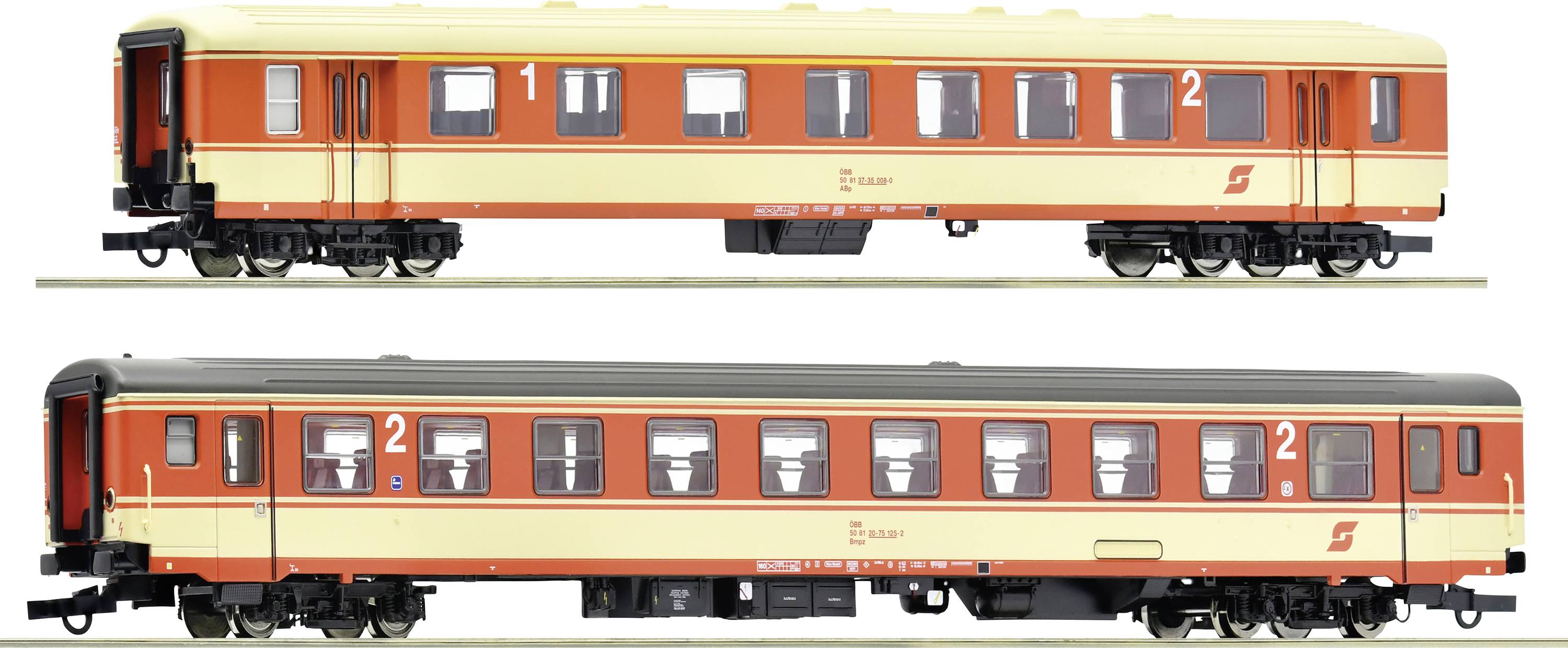 Two model railway carriages in red and beige. The upper one has a cream-coloured roof, the lower one a grey roof. Both display the number '2'.