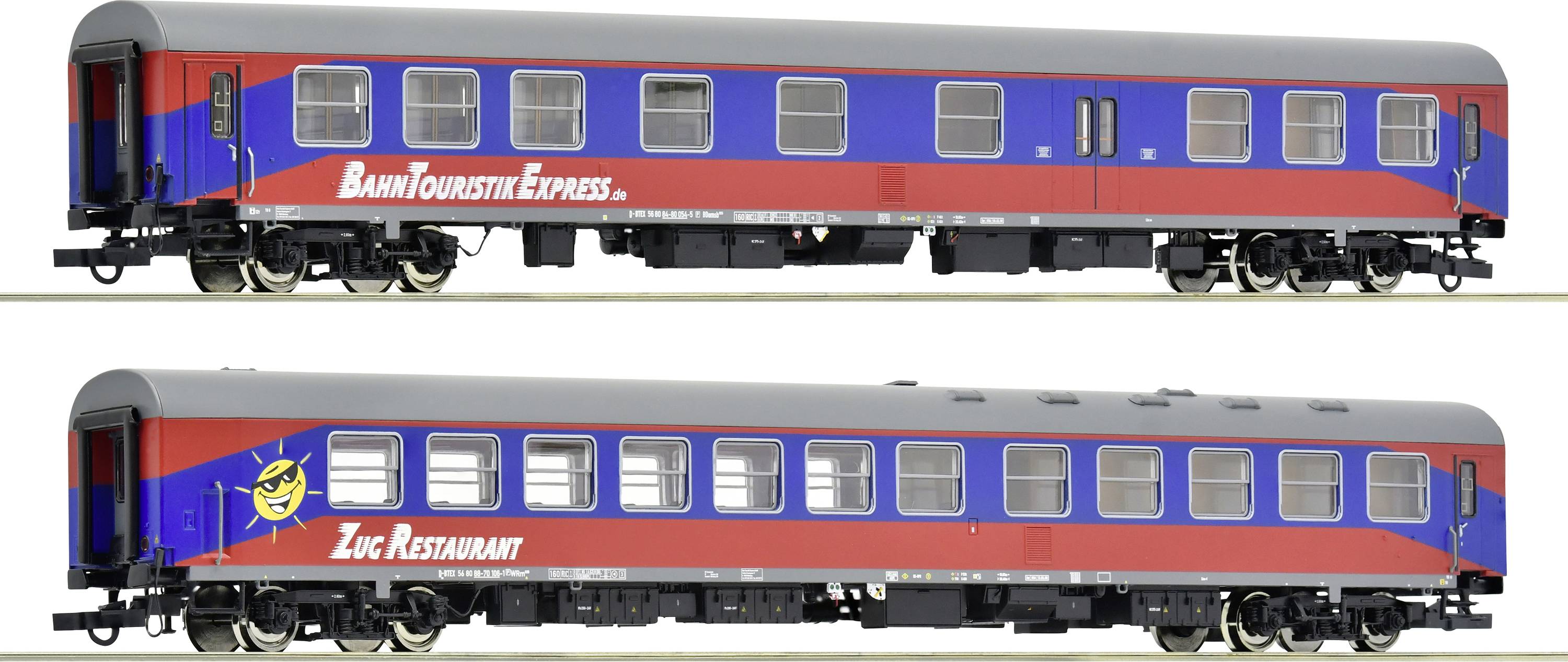 Two model railway carriages with inscriptions 'BahnTouristikExpress' and 'Train Restaurant', in red and blue colours, detailed view.
