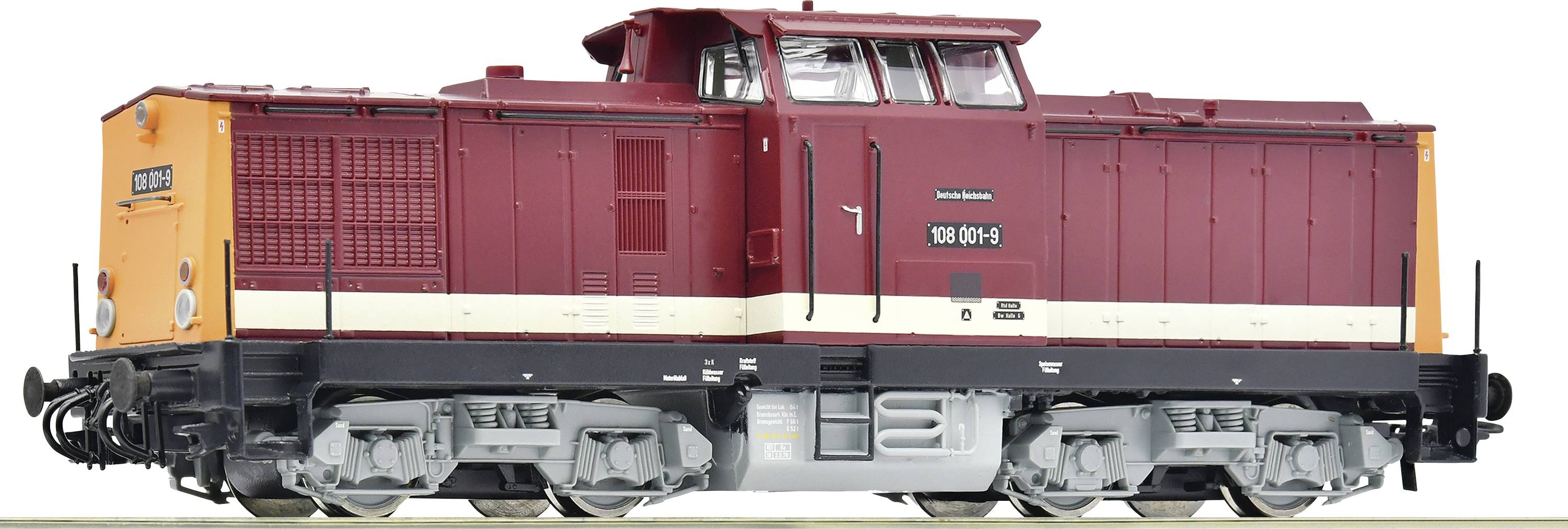 A red and orange model locomotive of the Class 110 001-0, photographed from the side. It shows realistic details and is intended for collectors.