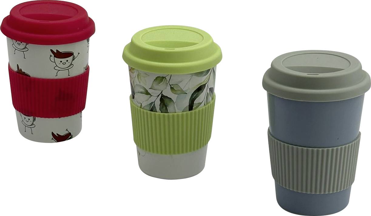Three reusable coffee mugs with colourful lids and different designs: red with figures, green with leaves, blue in a solid colour.
