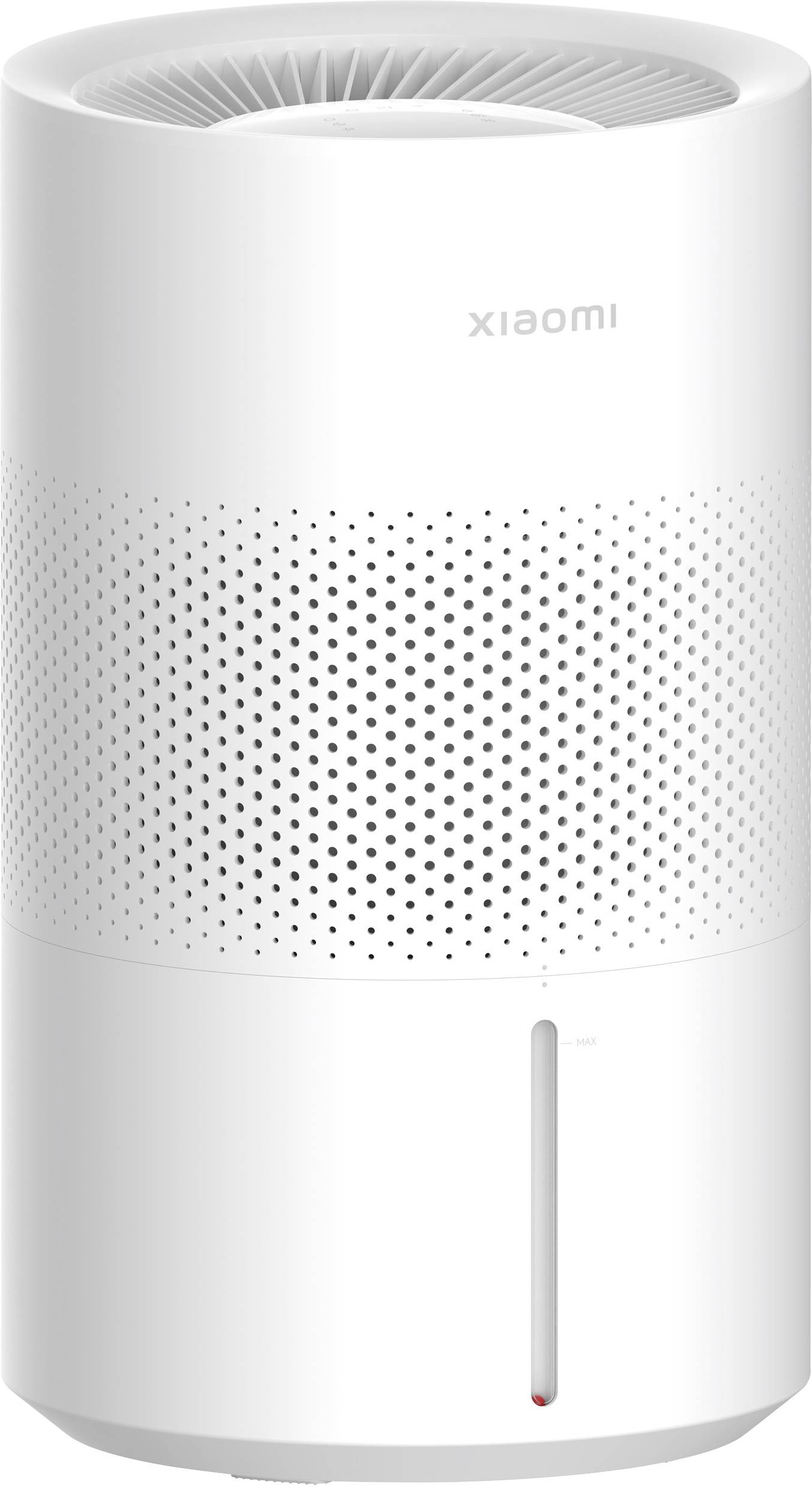 A white air purifier with a cylindrical design, featuring an air outlet on top and an LED display strip at the front.