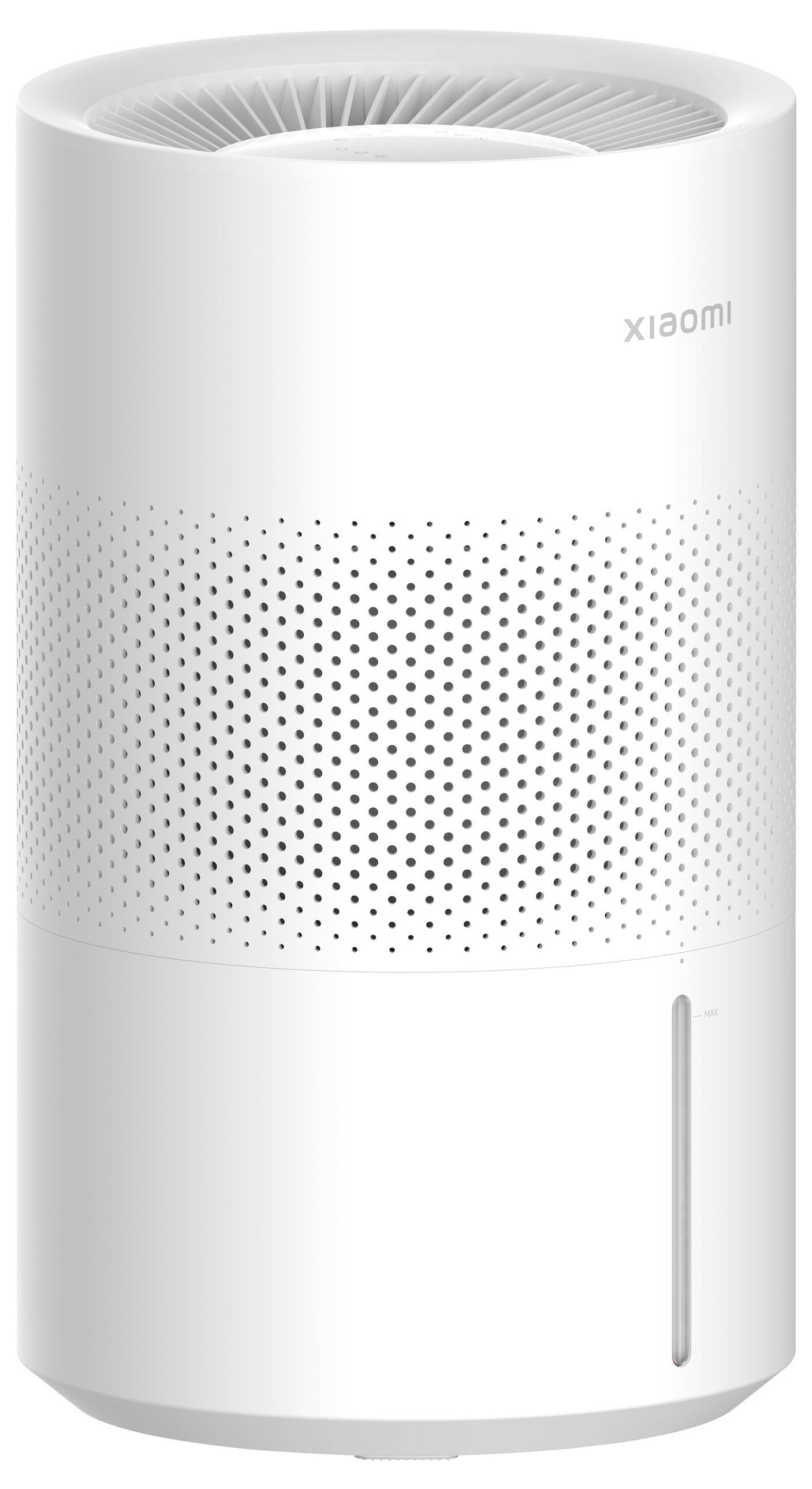 A white air purifier with a cylindrical shape and a perforated pattern in the centre. A fan is located at the top.